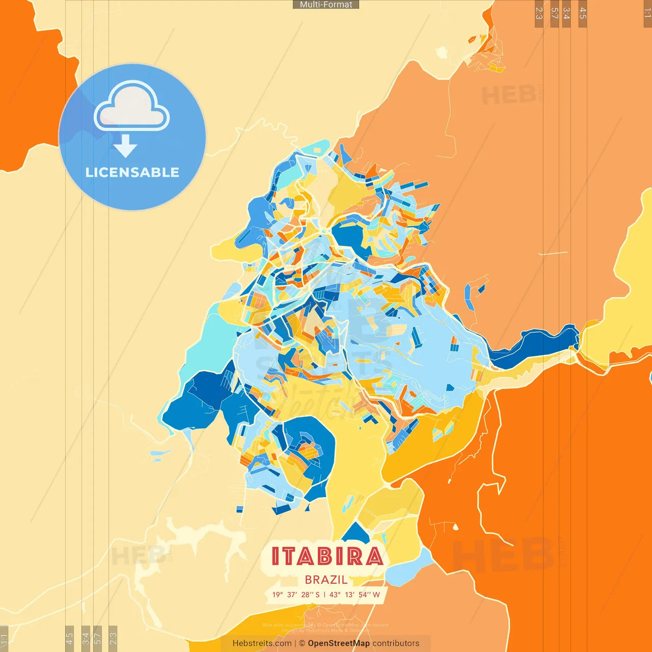Itabira, Brazil blue and orange vector art map template
