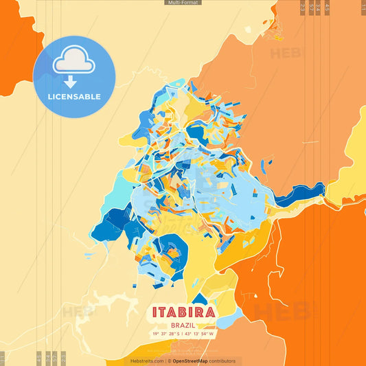 Itabira, Brazil blue and orange vector art map template