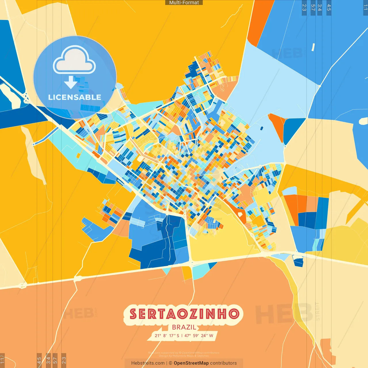 Sertaozinho, Brazil blue and orange vector art map template
