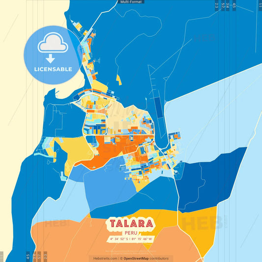 Talara, Peru blue and orange vector art map template