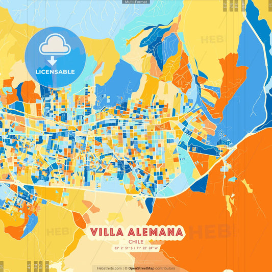 Villa Alemana, Chile blue and orange vector art map template