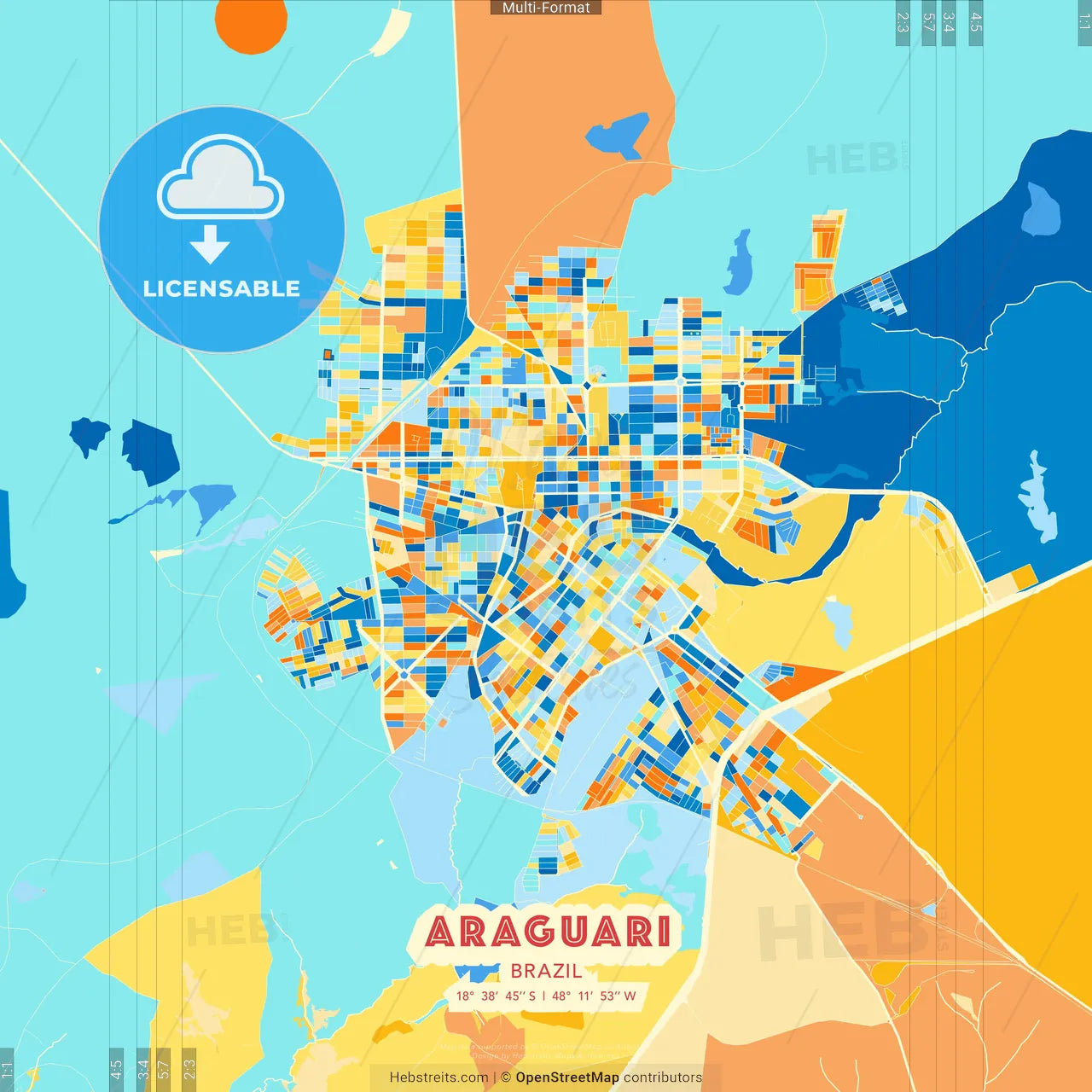 Araguari, Brazil blue and orange vector art map template