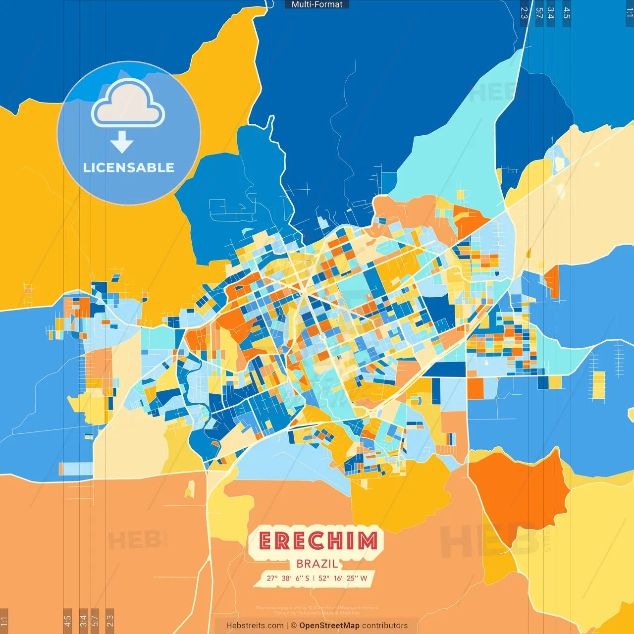 Erechim, Brazil blue and orange vector art map template