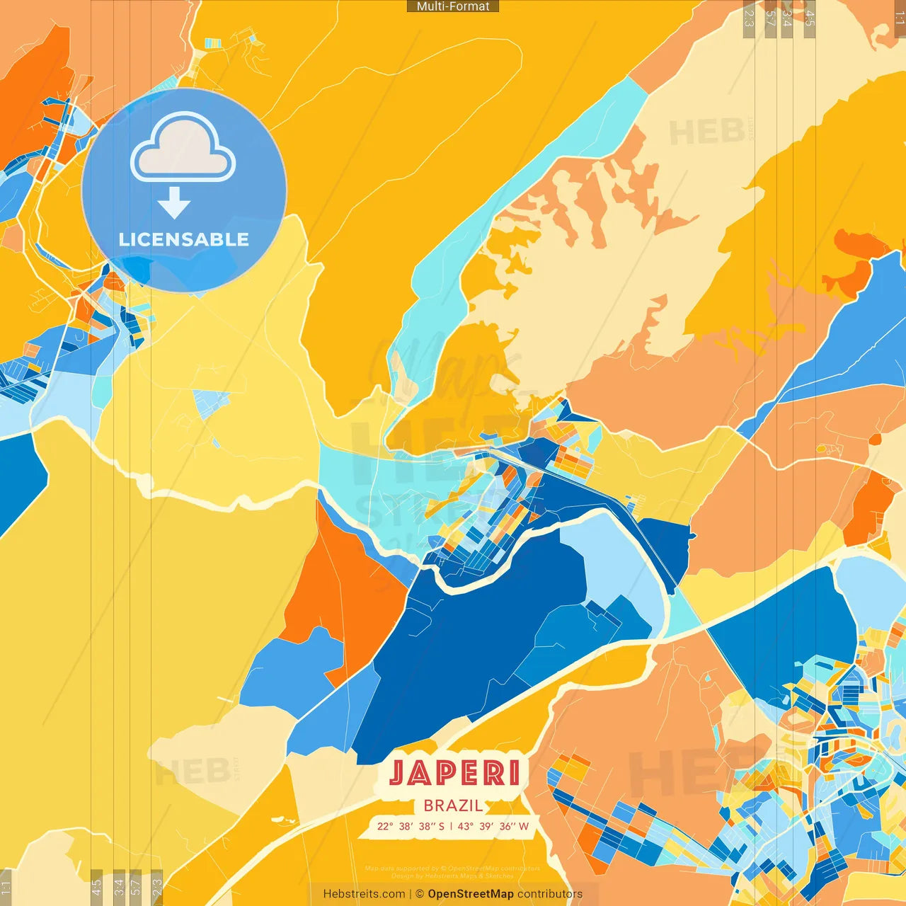 Japeri, Brazil blue and orange vector art map template