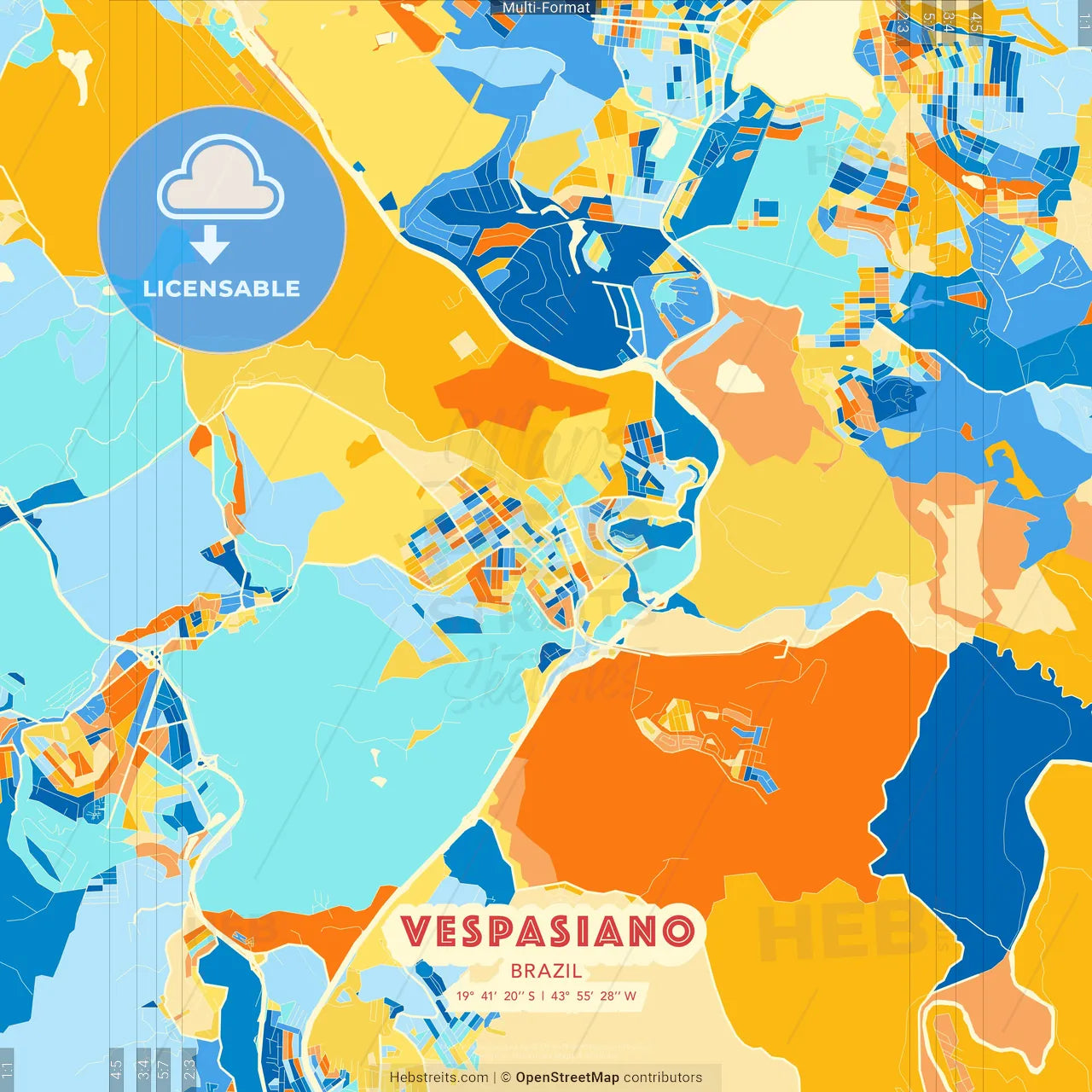 Vespasiano, Brazil blue and orange vector art map template