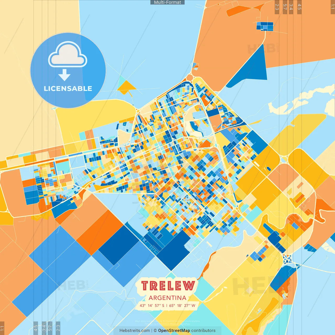 Trelew, Argentina blue and orange vector art map template