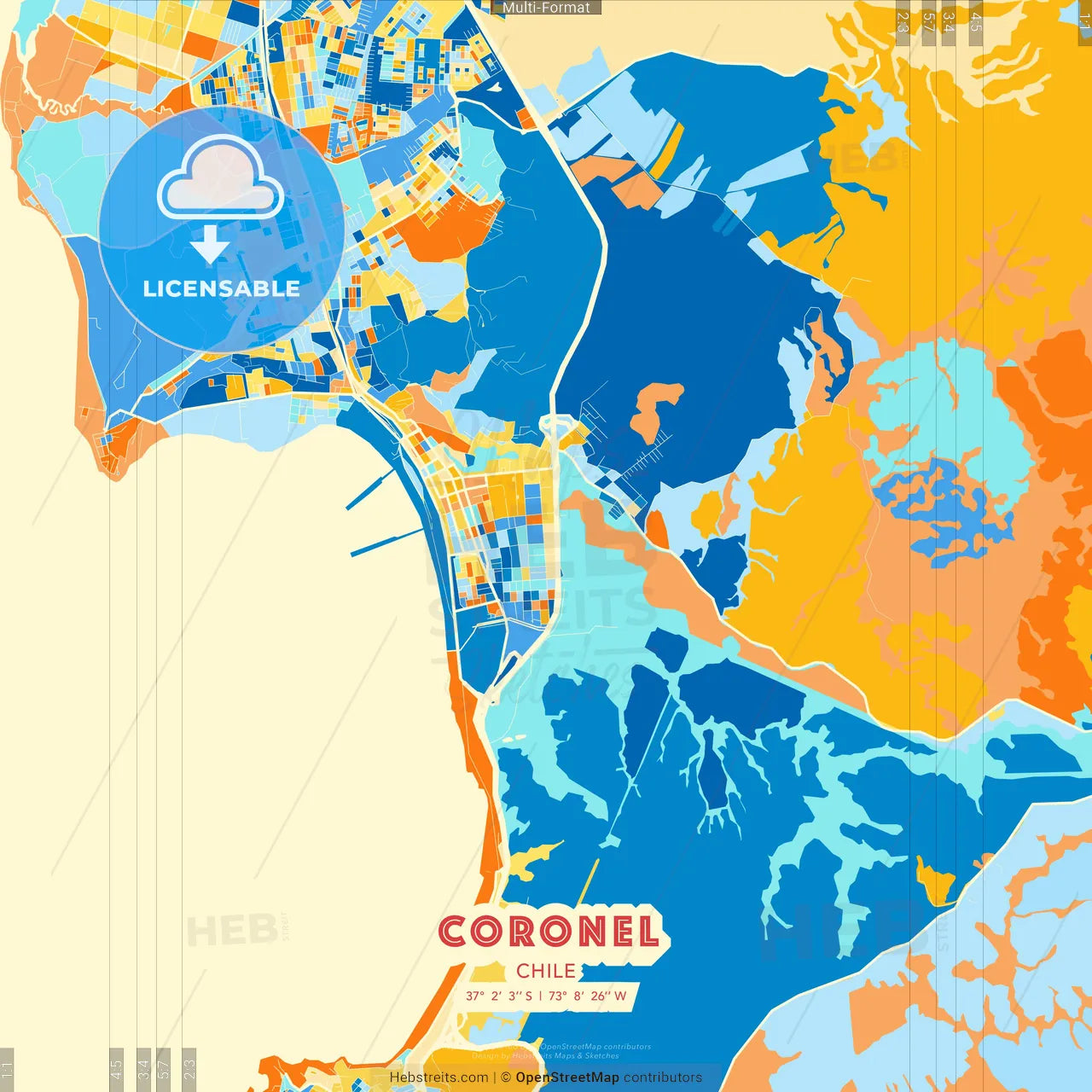 Coronel, Chile blue and orange vector art map template