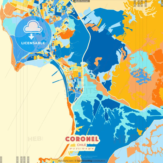 Coronel, Chile blue and orange vector art map template