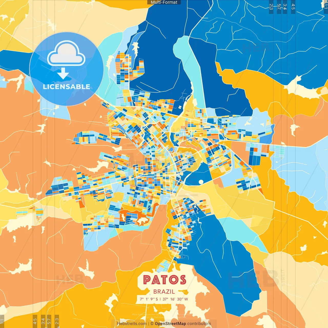 Patos, Brazil blue and orange vector art map template