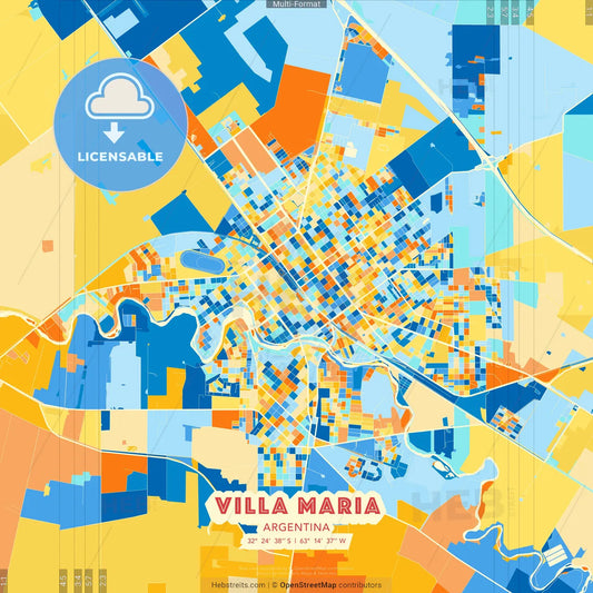 Villa Maria, Argentina blue and orange vector art map template
