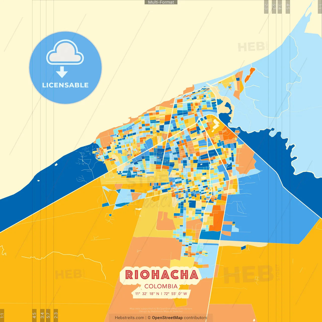 Riohacha, Colombia blue and orange vector art map template