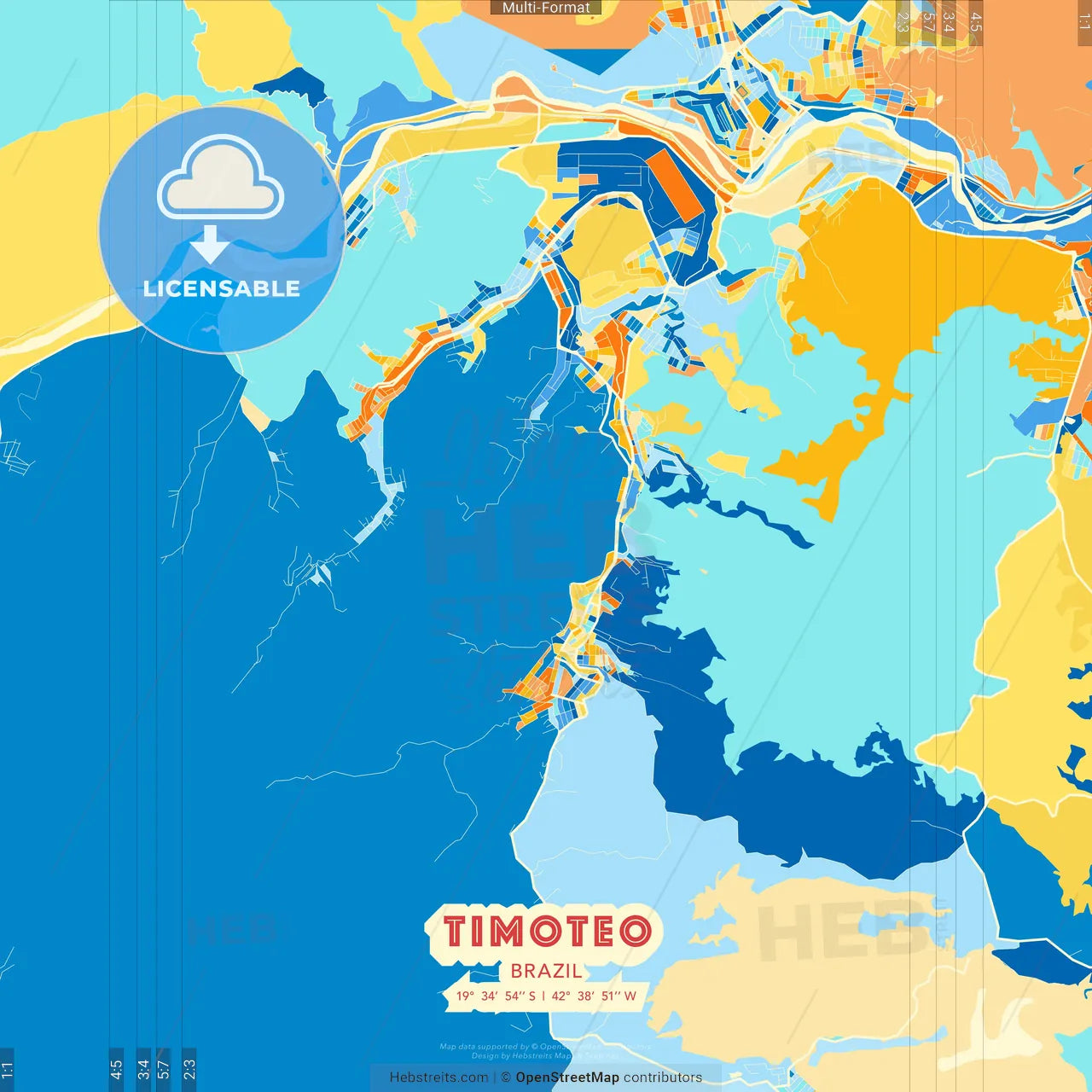 Timoteo, Brazil blue and orange vector art map template