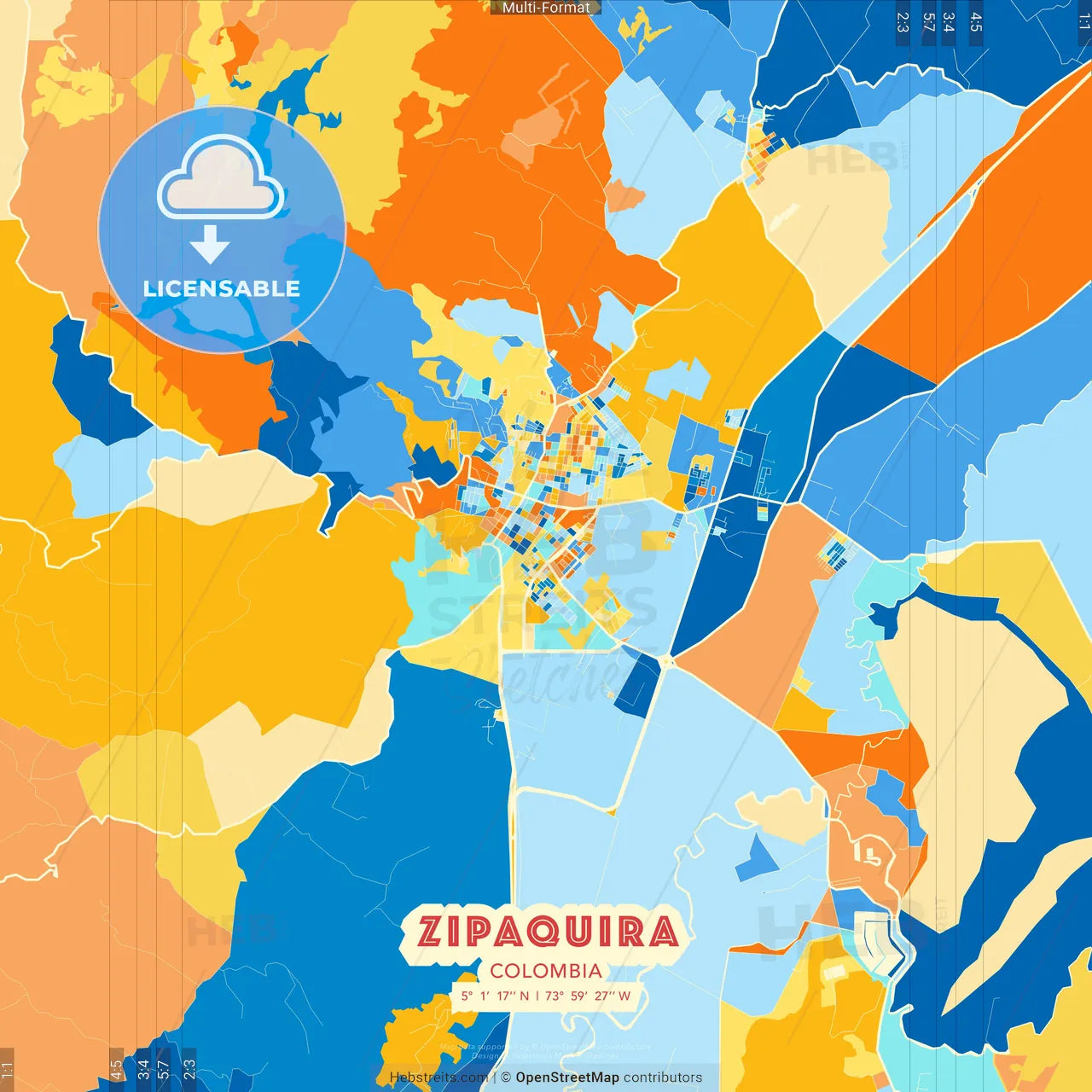 Zipaquira, Colombia blue and orange vector art map template