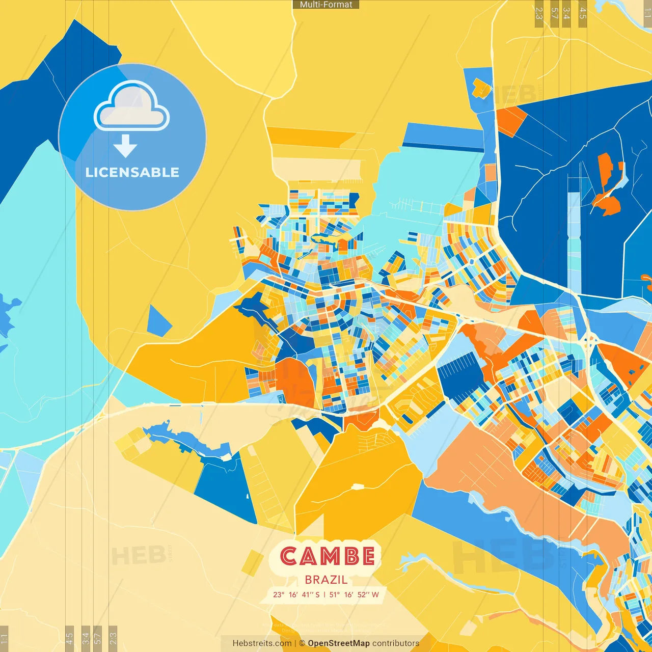 Cambe, Brazil blue and orange vector art map template
