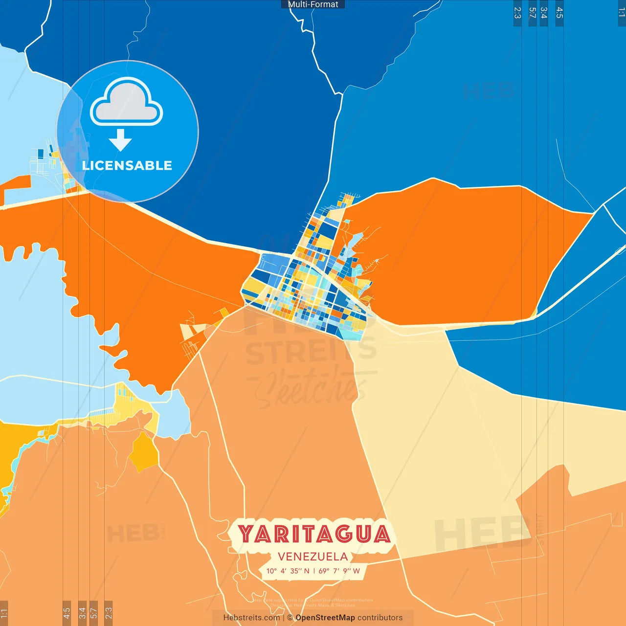 Yaritagua, Venezuela blue and orange vector art map template