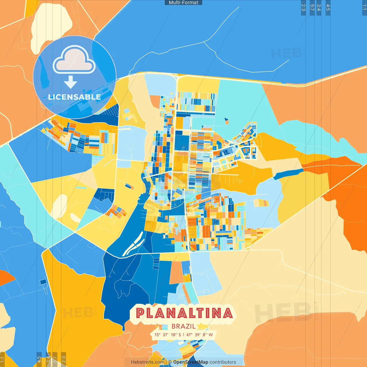 Planaltina, Brazil blue and orange vector art map template
