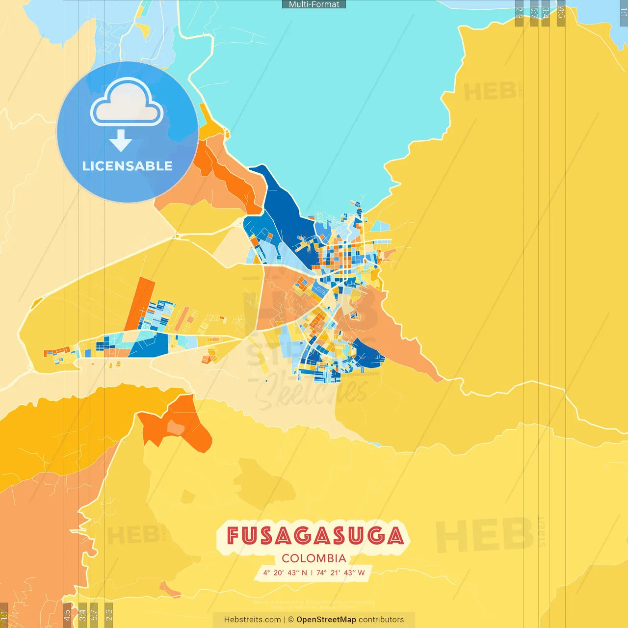 Fusagasuga, Colombia blue and orange vector art map template