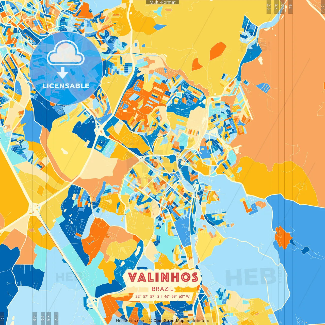 Valinhos, Brazil blue and orange vector art map template