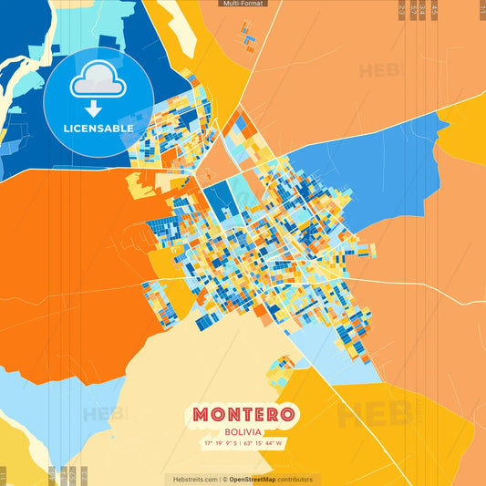 Montero, Bolivia blue and orange vector art map template