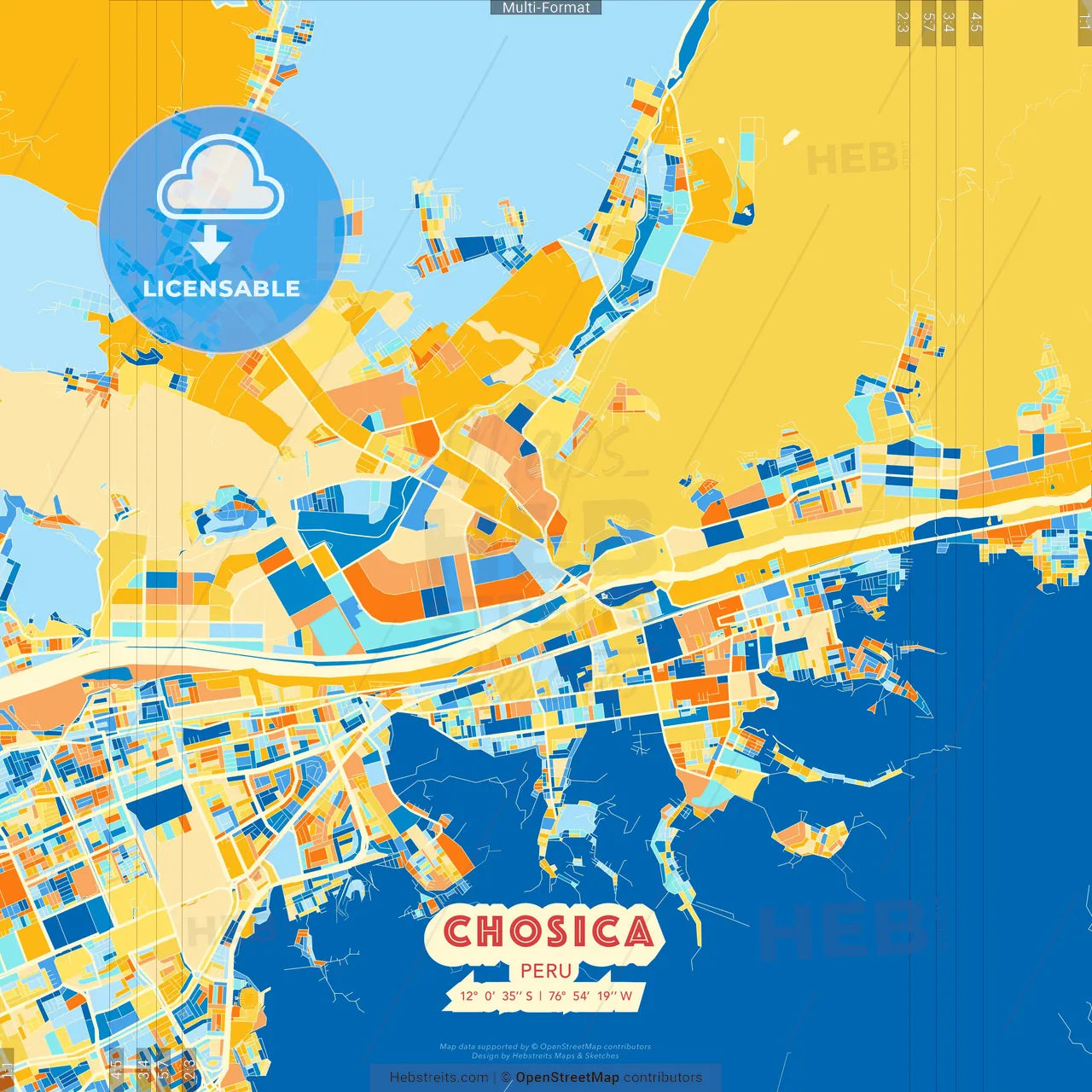 Chosica, Peru blue and orange vector art map template