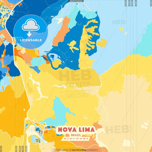 Nova Lima, Brazil blue and orange vector art map template