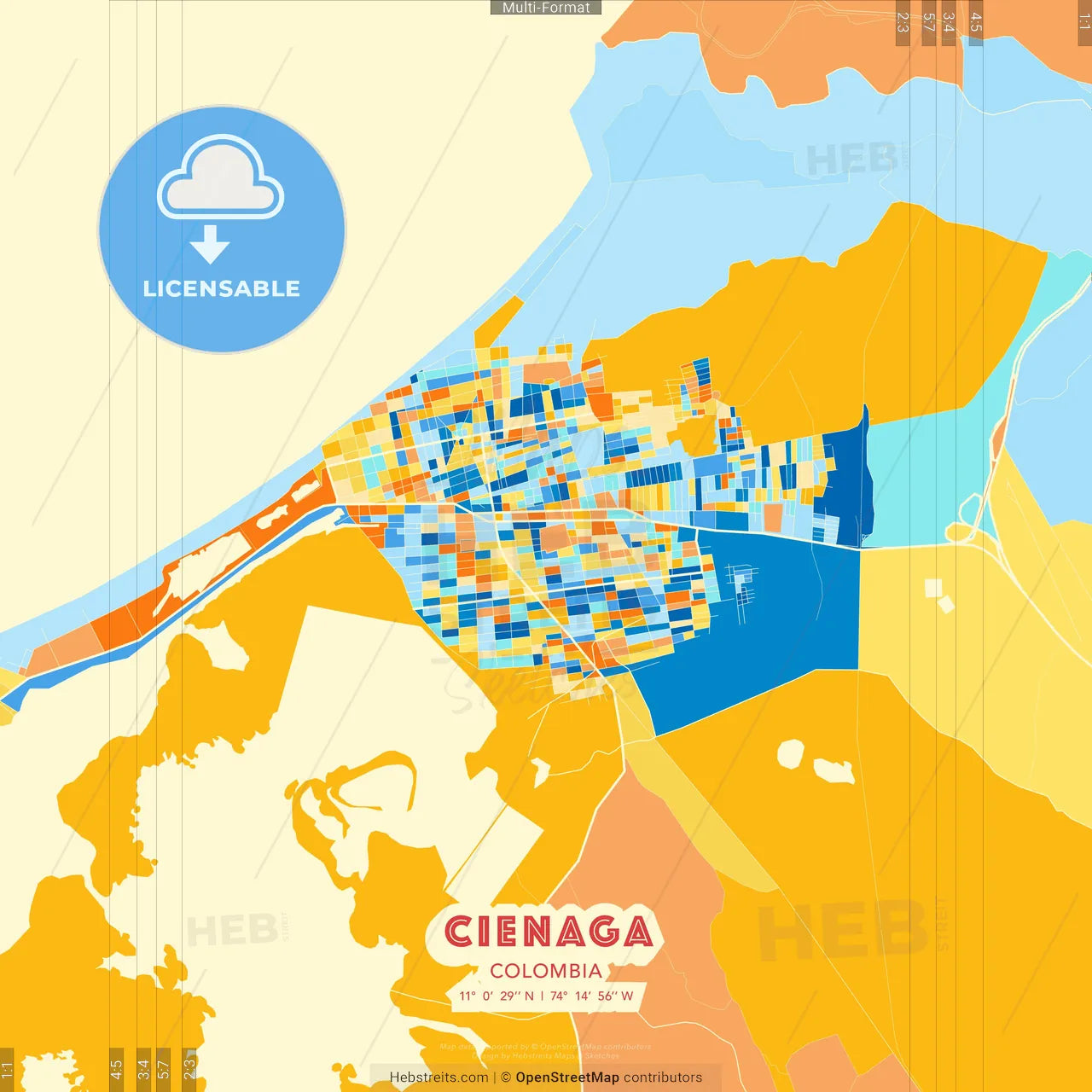 Cienaga, Colombia blue and orange vector art map template