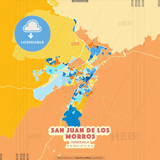 San Juan de los Morros, Venezuela blue and orange vector art map template
