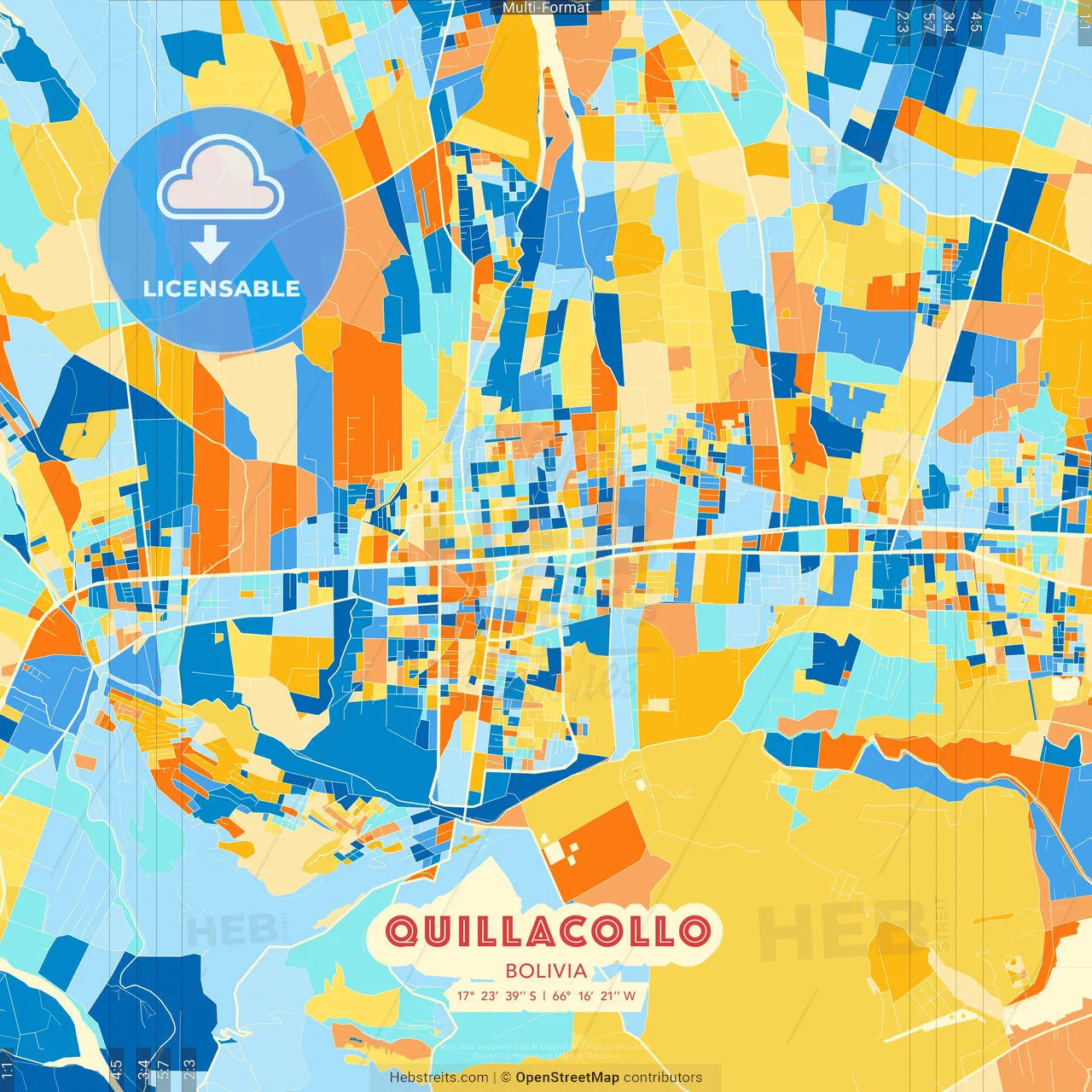 Quillacollo, Bolivia blue and orange vector art map template