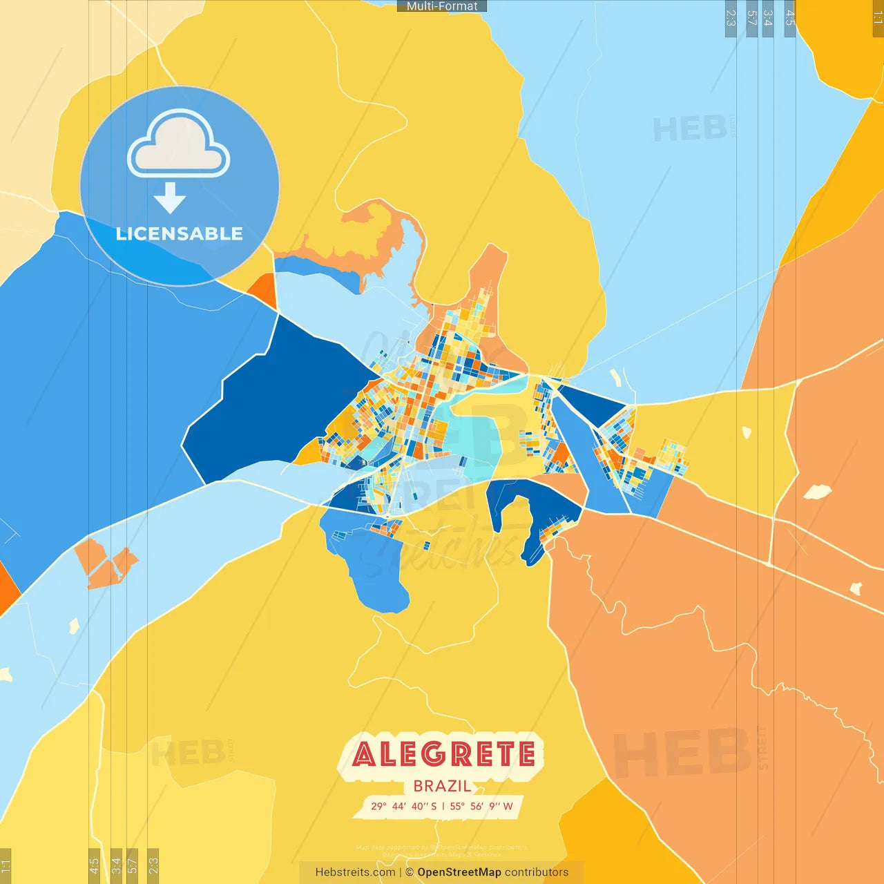 Alegrete, Brazil blue and orange vector art map template
