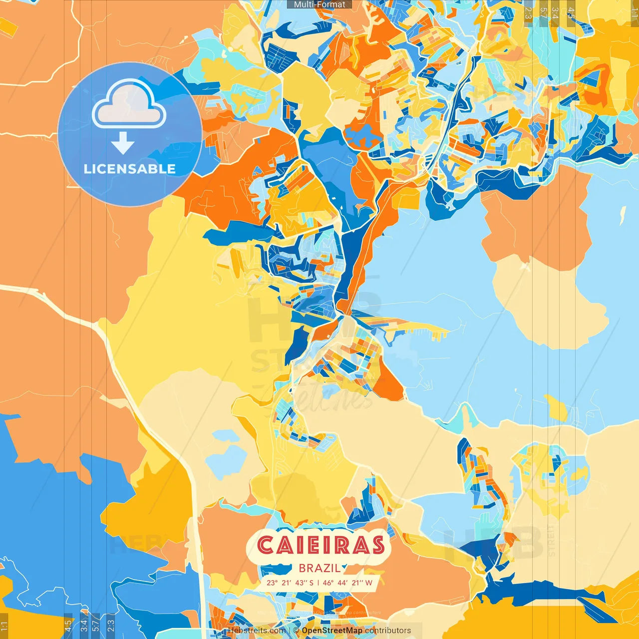 Caieiras, Brazil blue and orange vector art map template