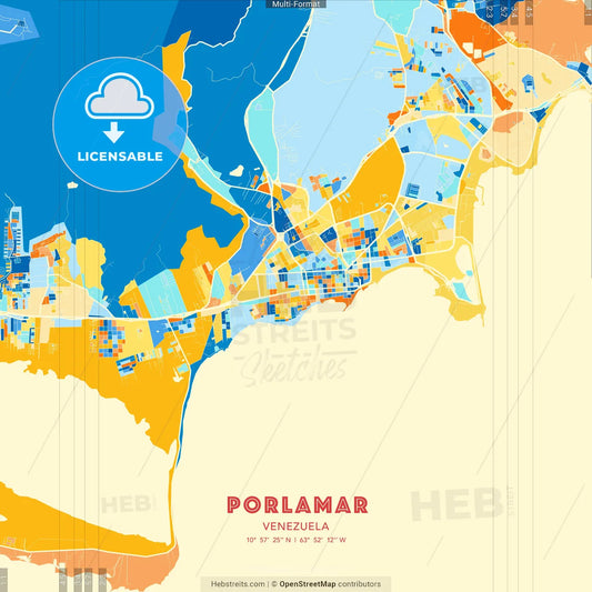 Porlamar, Venezuela blue and orange vector art map template