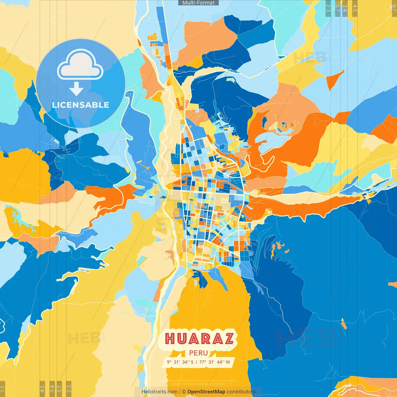Huaraz, Peru blue and orange vector art map template