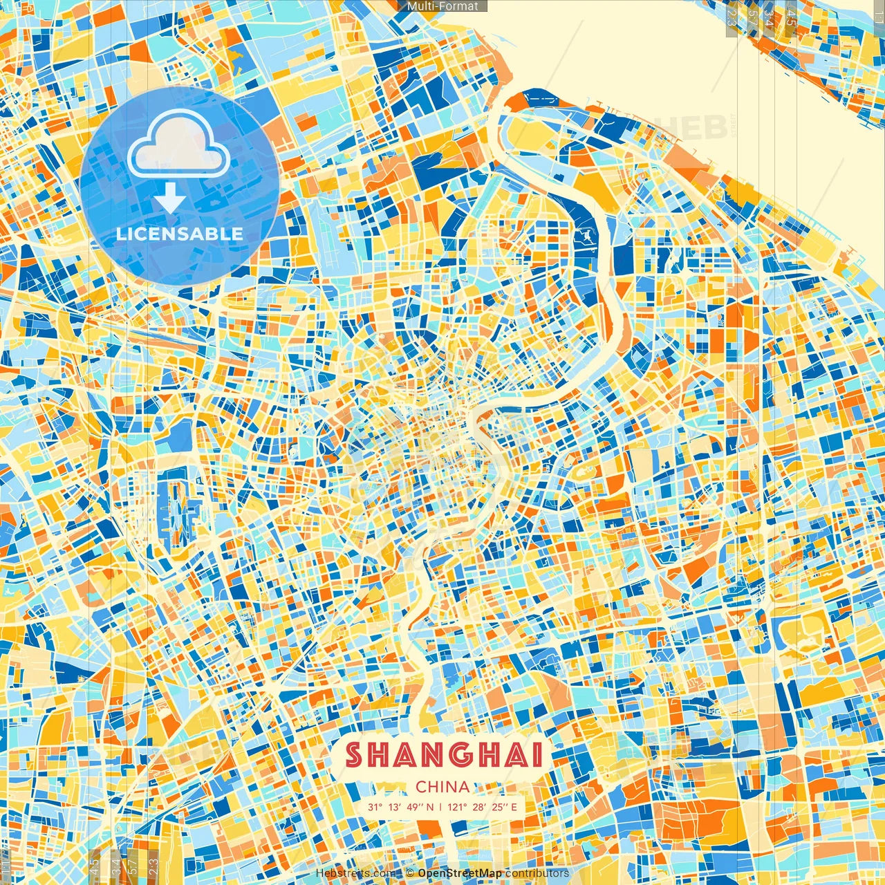 Shanghai, China blue and orange vector art map template