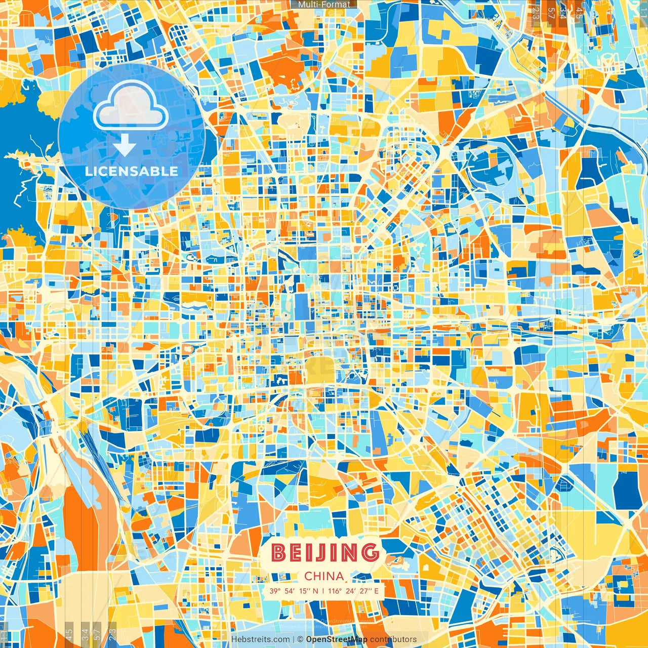 Beijing, China blue and orange vector art map template