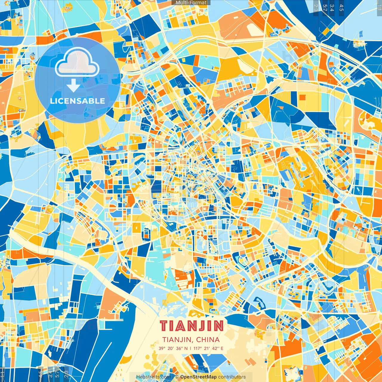 Tianjin, Tianjin, China blue and orange vector art map template