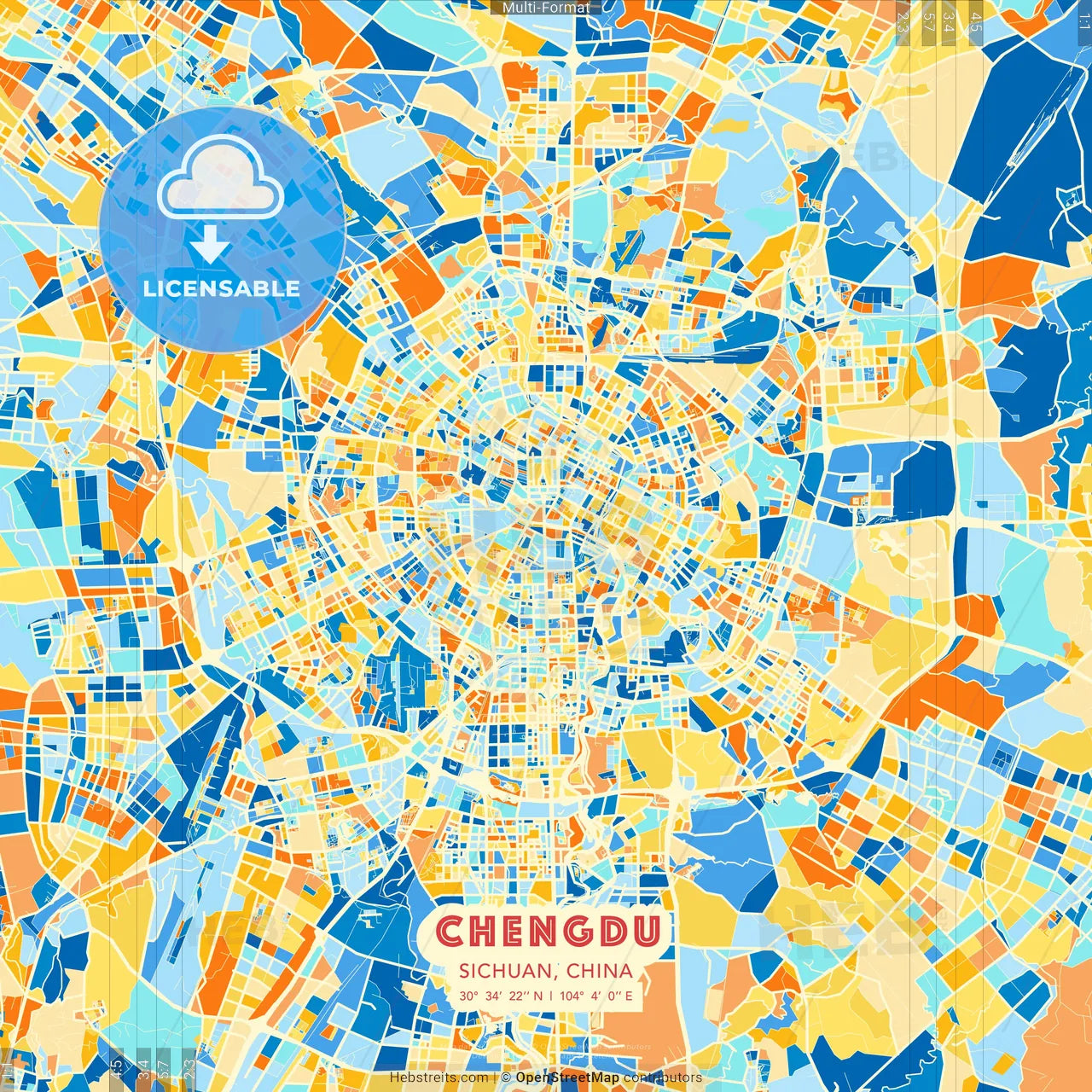 Chengdu, Sichuan, China blue and orange vector art map template