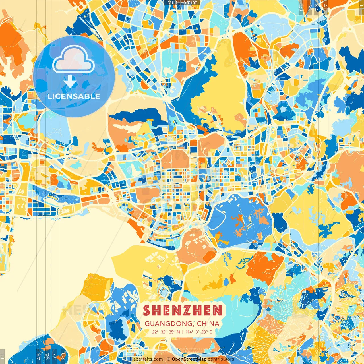 Shenzhen, Guangdong, China blue and orange vector art map template