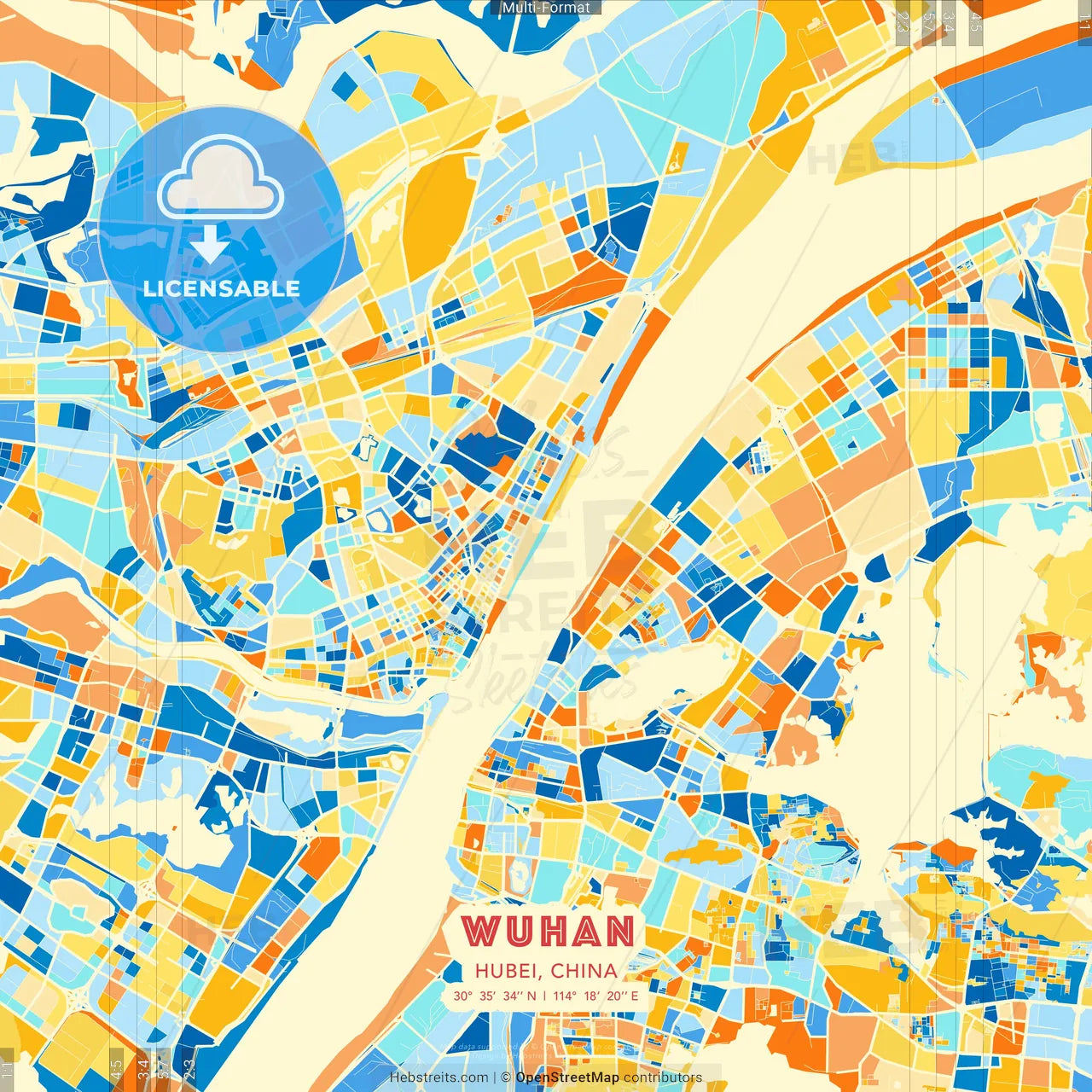 Wuhan, Hubei, China blue and orange vector art map template