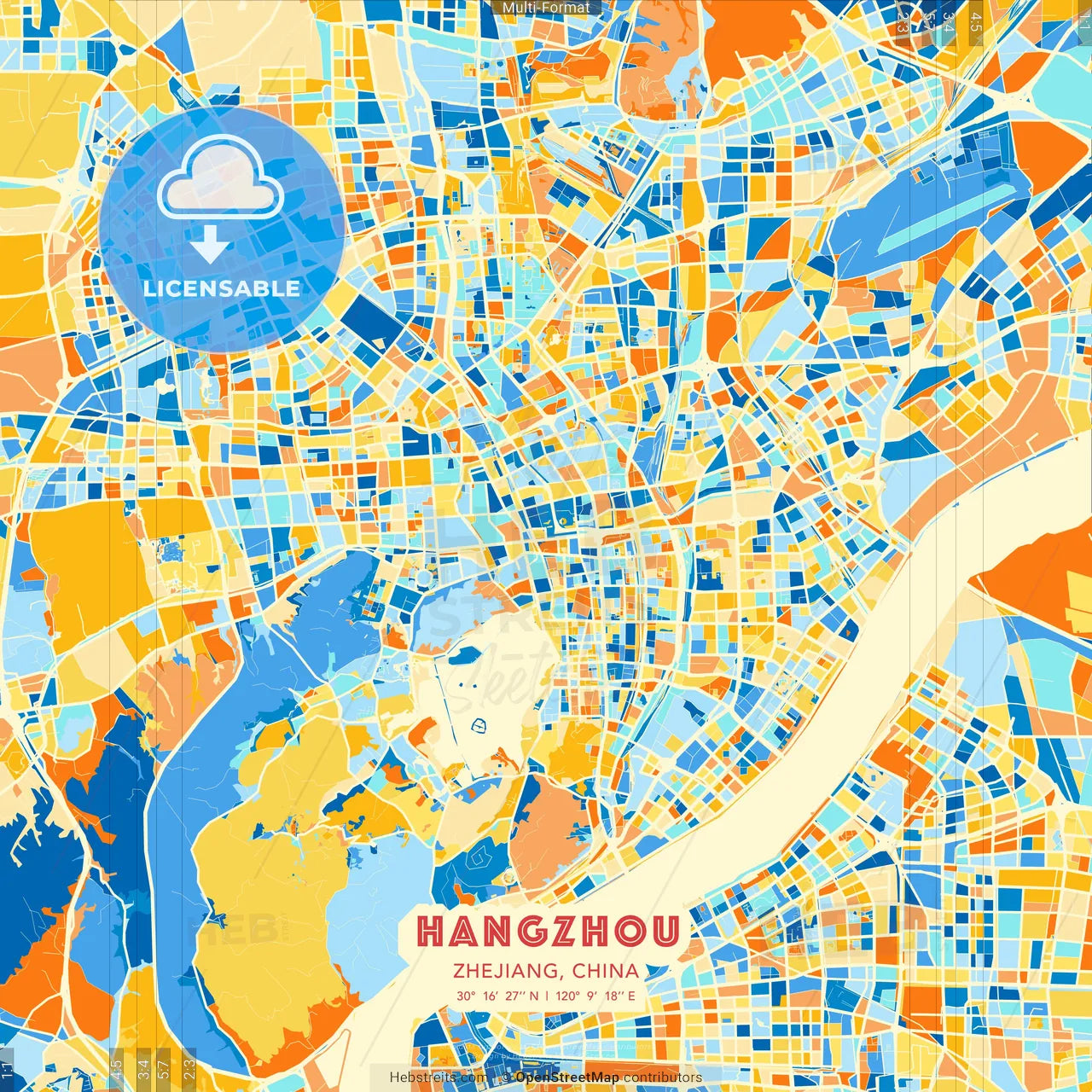 Hangzhou, Zhejiang, China blue and orange vector art map template