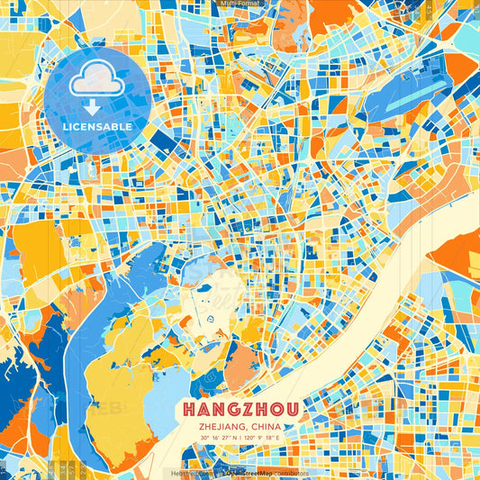 Hangzhou, Zhejiang, China blue and orange vector art map template