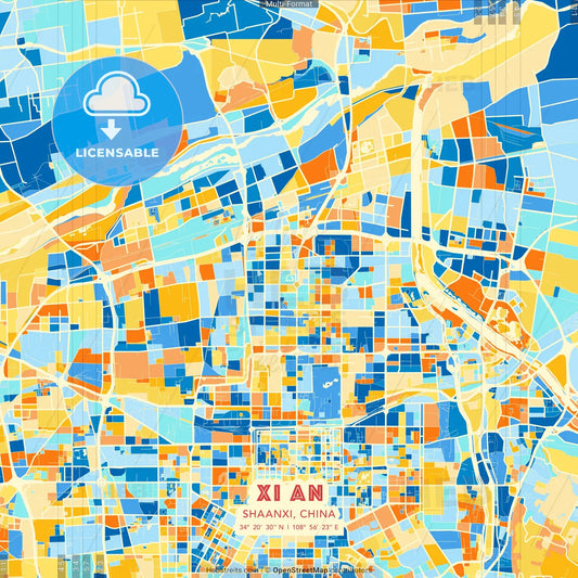 Xi an, Shaanxi, China blue and orange vector art map template