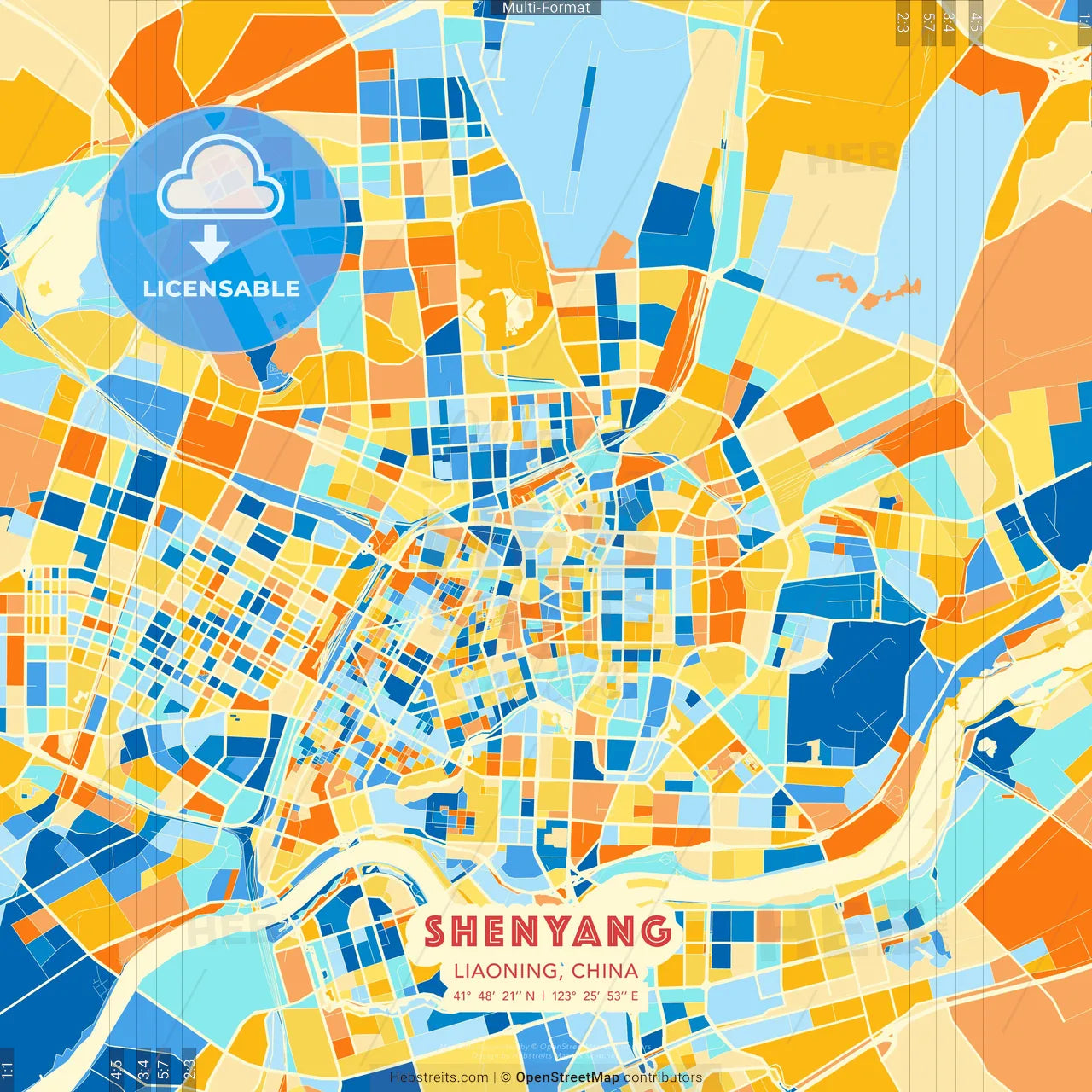 Shenyang, Liaoning, China blue and orange vector art map template