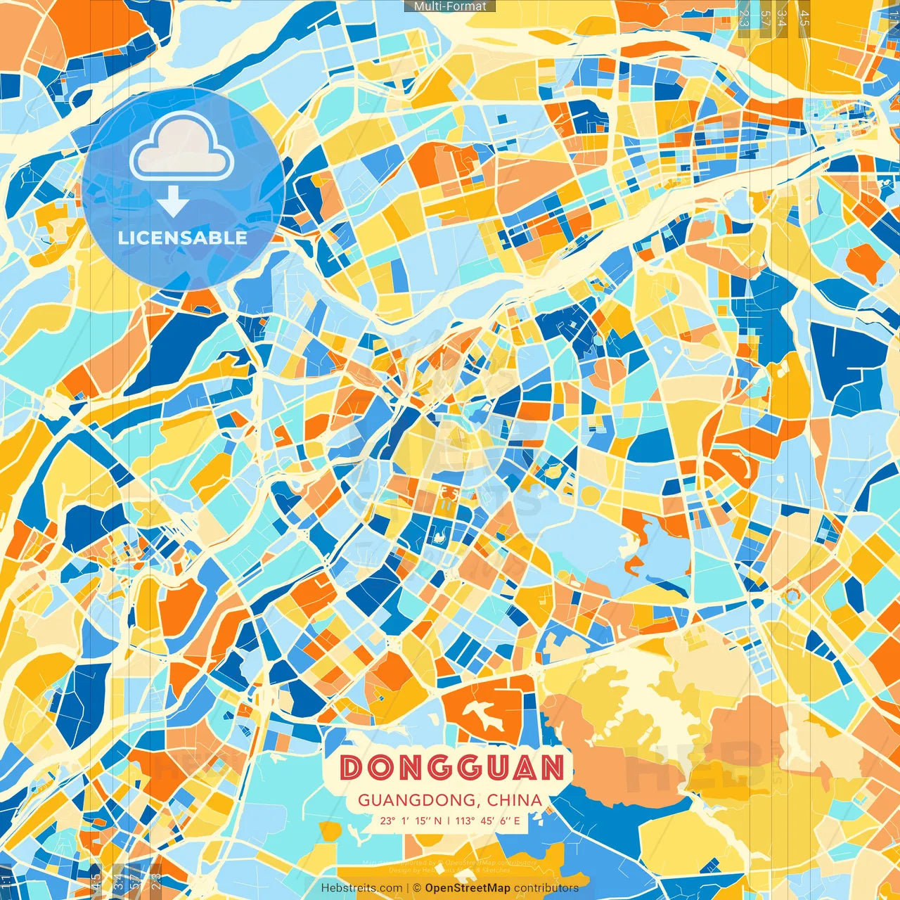 Dongguan, Guangdong, China blue and orange vector art map template