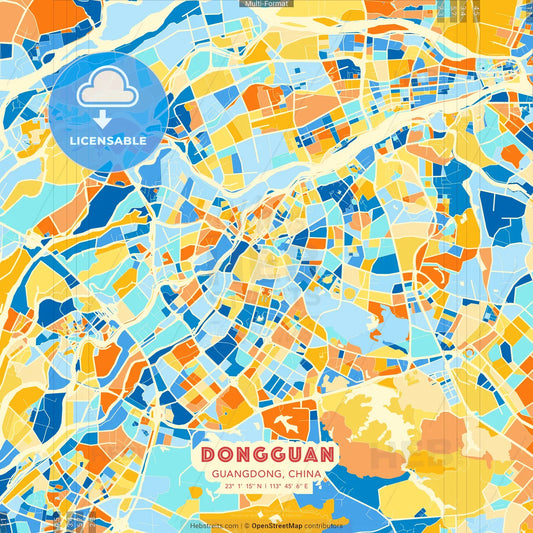 Dongguan, Guangdong, China blue and orange vector art map template