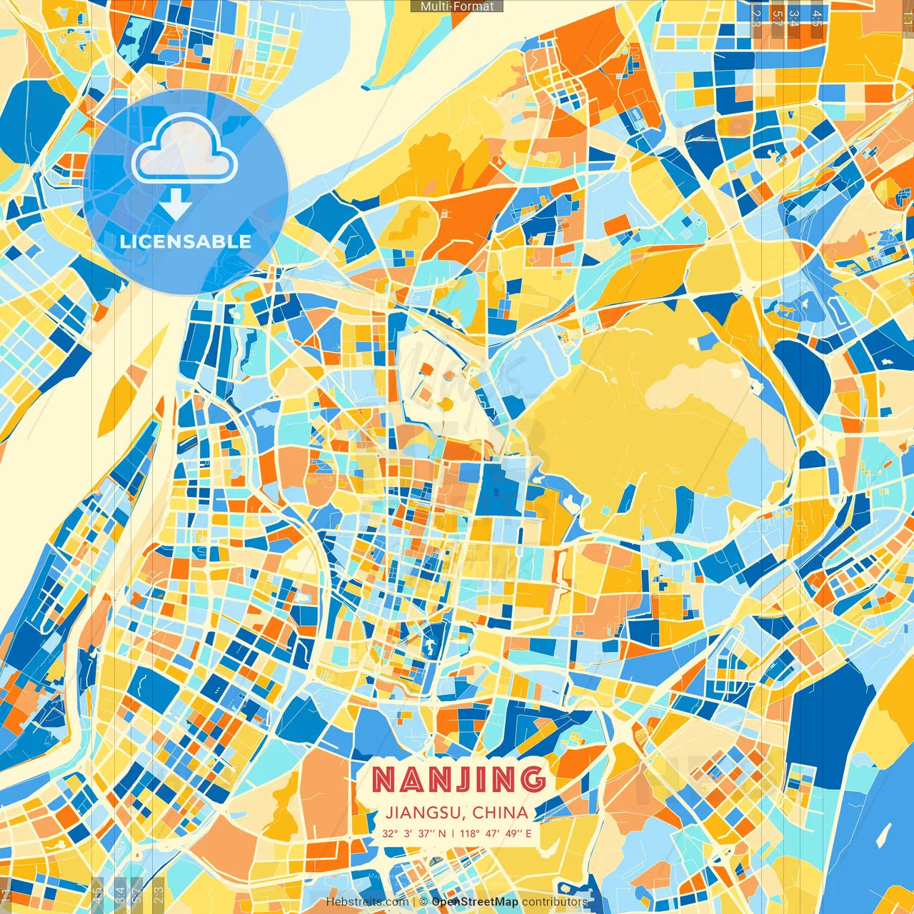 Nanjing, Jiangsu, China blue and orange vector art map template