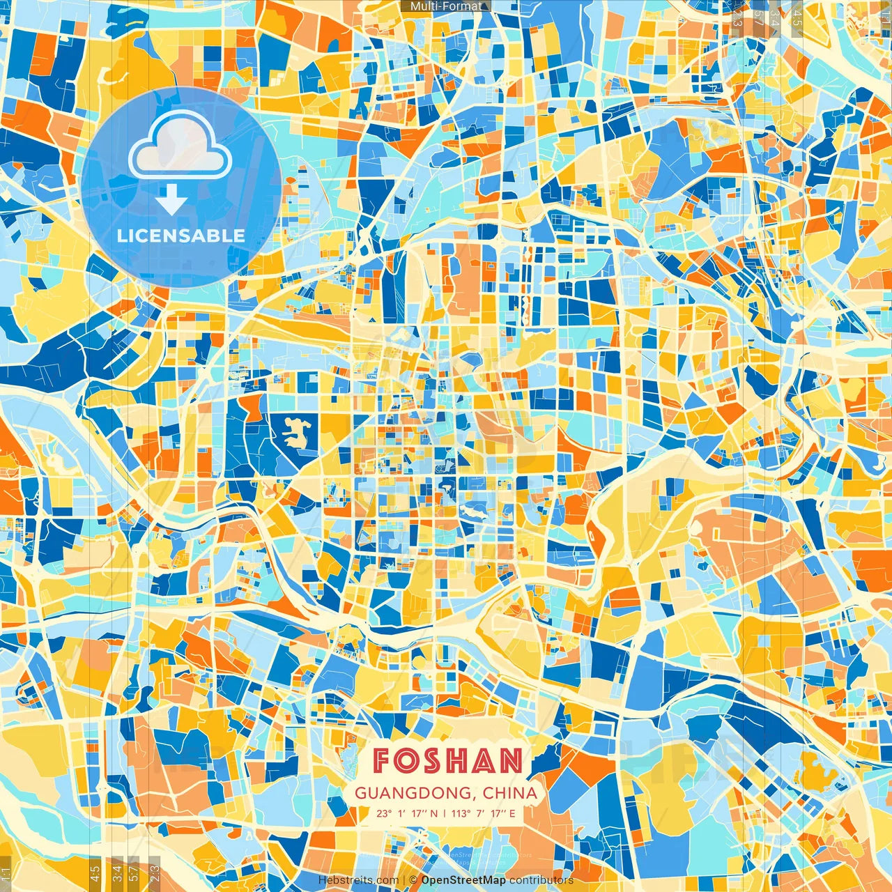 Foshan, Guangdong, China blue and orange vector art map template