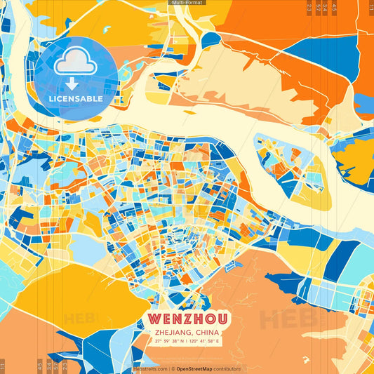 Wenzhou, Zhejiang, China blue and orange vector art map template