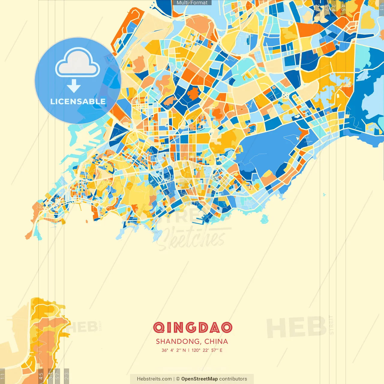 Qingdao, Shandong, China blue and orange vector art map template