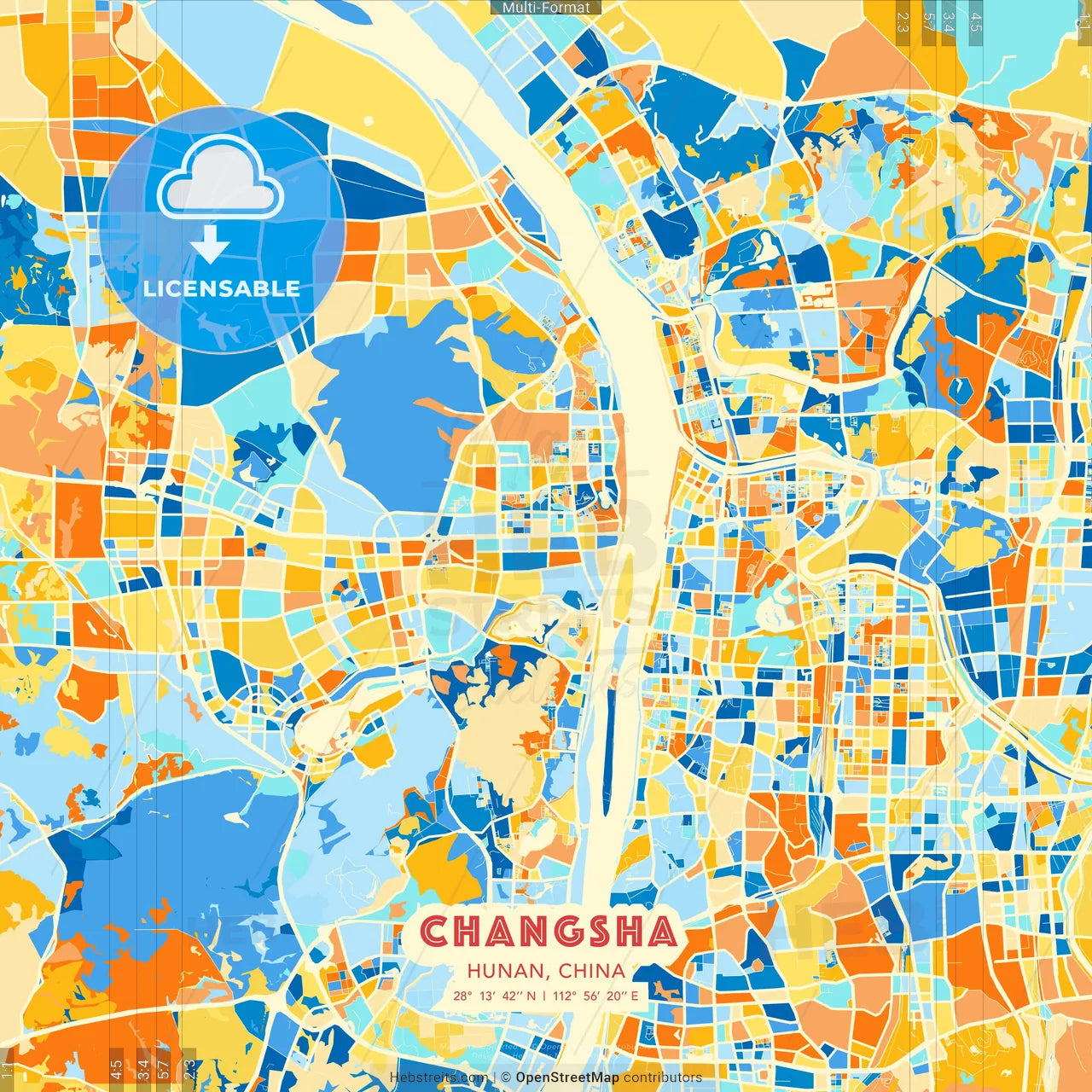 Changsha, Hunan, China blue and orange vector art map template