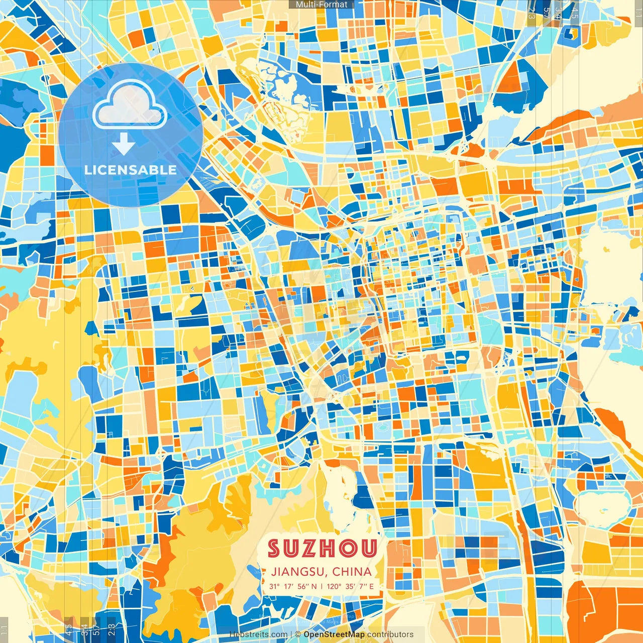 Suzhou, Jiangsu, China blue and orange vector art map template